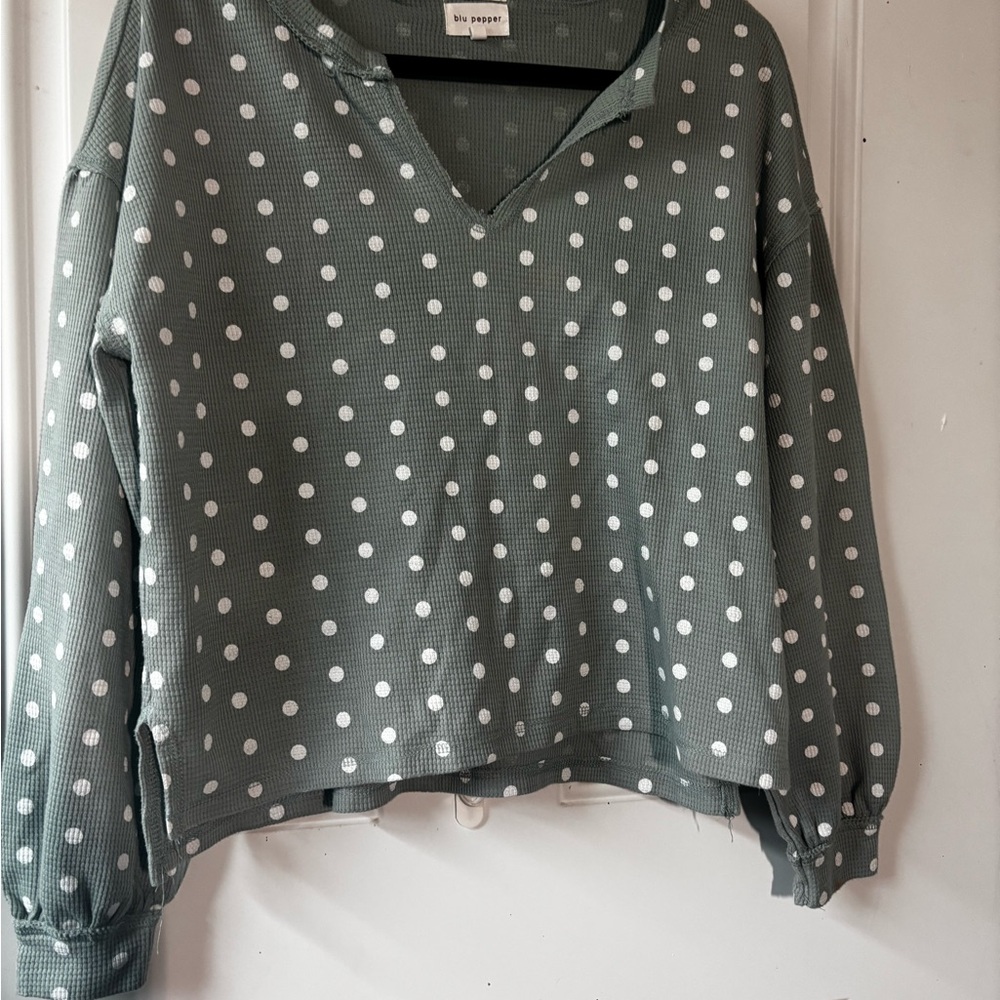 Blu Pepper Sage and White Polka Dot Top